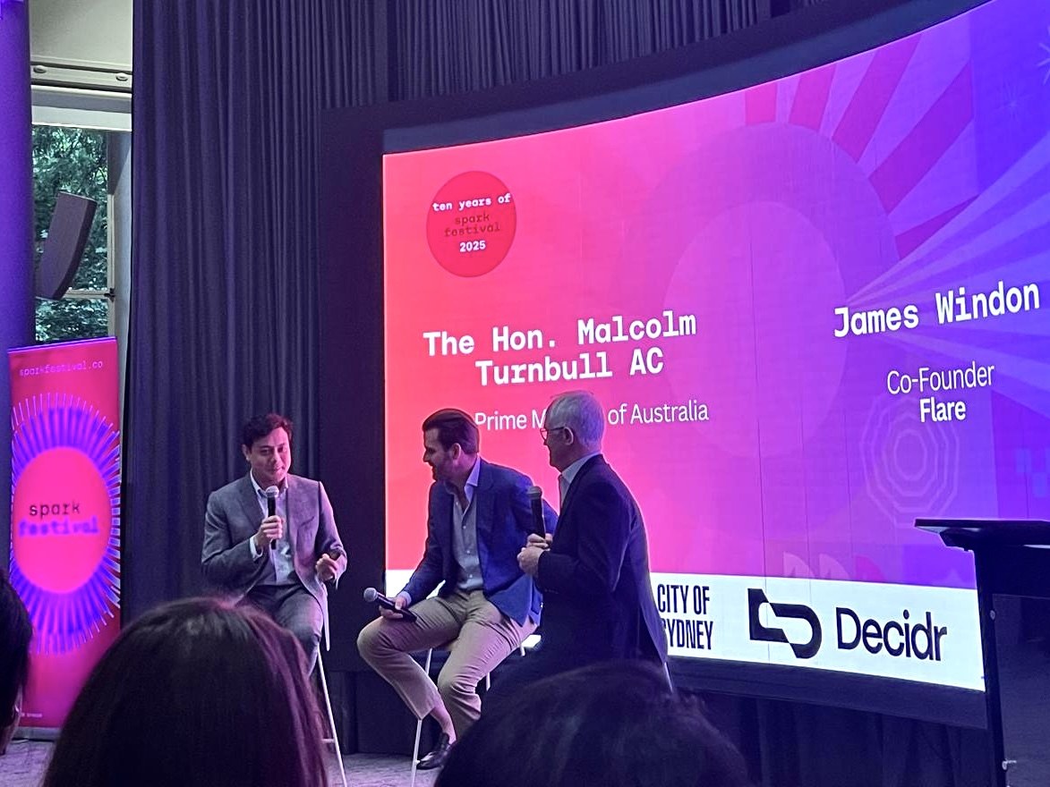 Harry Godber, CEO of the Spark Foundation, with James Windon, co-founder of the fintech Flare, and the Hon. Malcolm Turnbull AC, former Prime Minister of Australia, at Spark Festival 2025