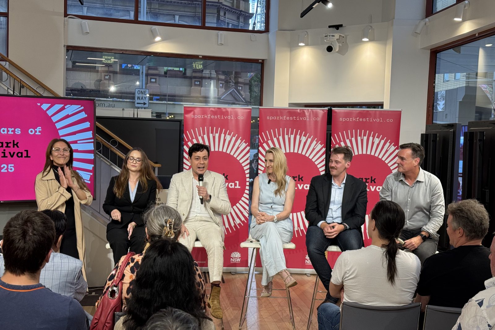 Harry Godber, CEO of the Spark Foundation, celebrating ten years of Spark Festival with director Anne-Marie Elias and Festival Leads Alexandra Hall, Kristy McSweeney, Nicholas Chilton and Paul Wallbank