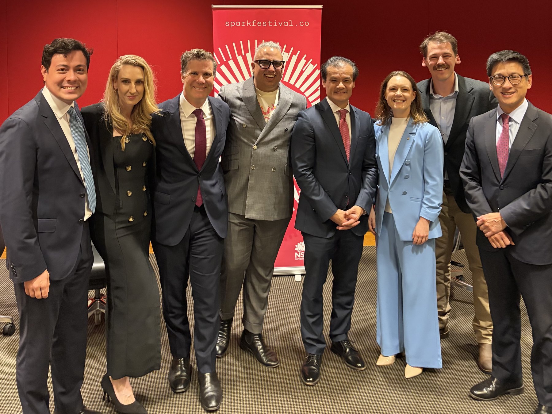 Harry Godber, CEO of the Spark Foundation, far left, at the launch of the Parliamentary Friends of Innovators, Ventures, Entrepreneurs and Technology (INVENT) at NSW Parliament House on 18 November 2025, with the Hon. Anoulack Chanthivong MP, NSW Minister for Innovation, Science and Technology