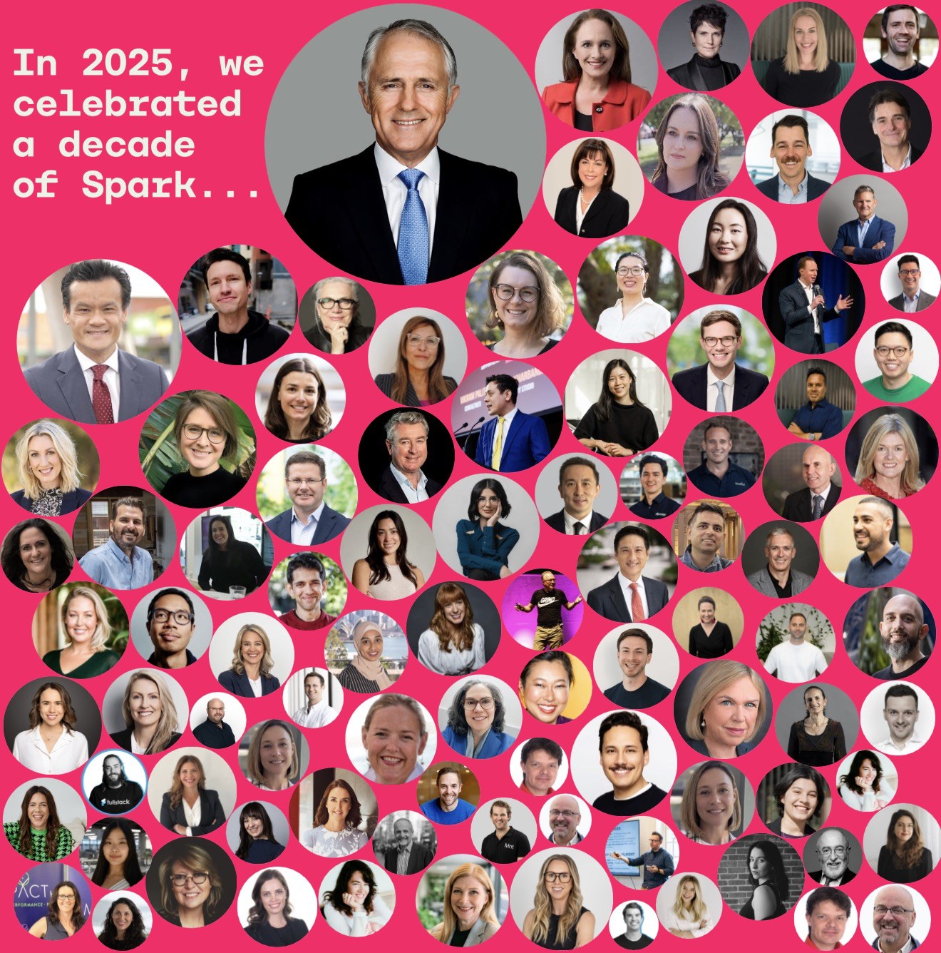 Speakers, hosts and supporters of Spark Festival 2025, led by the Hon. Malcolm Turnbull
          AC, 29th Prime Minister of Australia, who opened the tenth Spark Festival